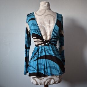 Y2K Blue Geometric Top Deep V-neckline XS